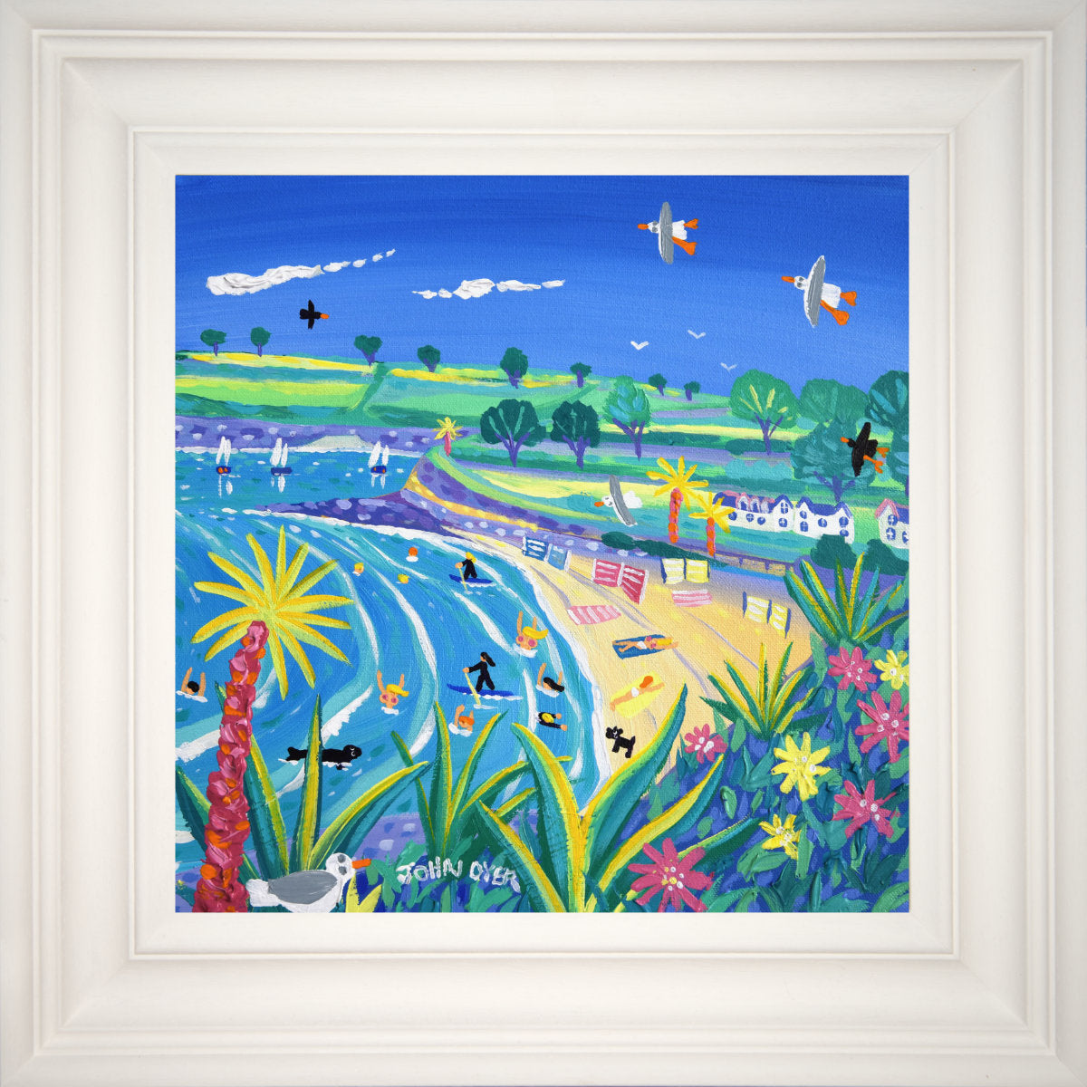'Fun in the Sun, Gyllyngvase Beach', 12x12 inches acrylic on canvas. Cornwall Painting by British Artist John Dyer.