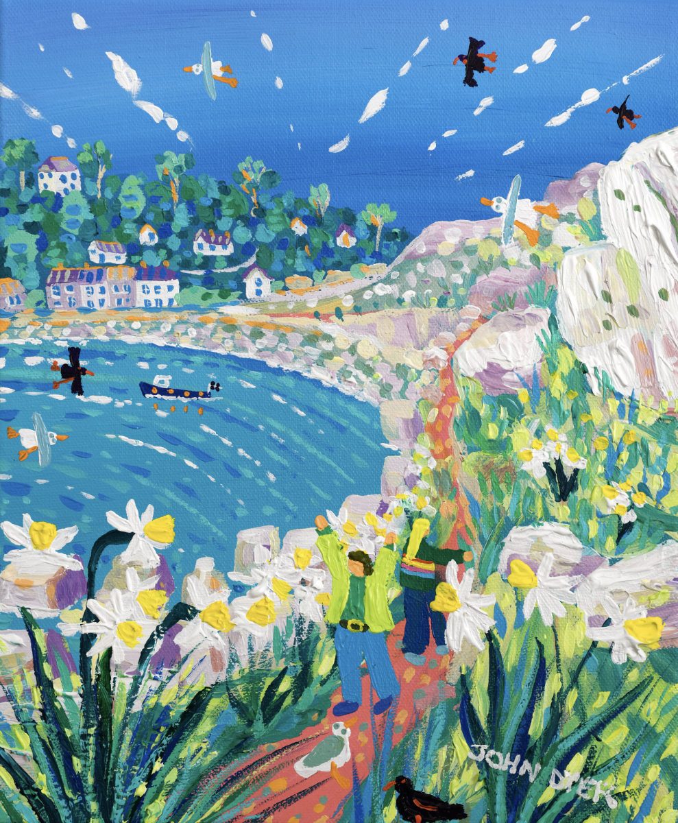 Colorful painting of a coastal scene with flowers and people by John Dyer. 'Spring Walk to Lamorna Cove', 12x10 inches acrylic on canvas. Painting of Cornwall by Cornish Artist John Dyer