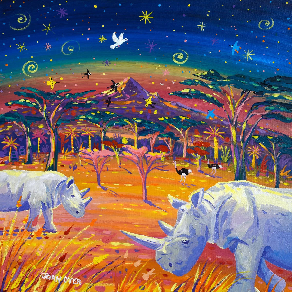 'Rhinos in Paradise, Najin & Fatu, the Last Two Northern White Rhino', 24x24 inches acrylic on canvas. African Painting by British Artist John Dyer. John Dyer