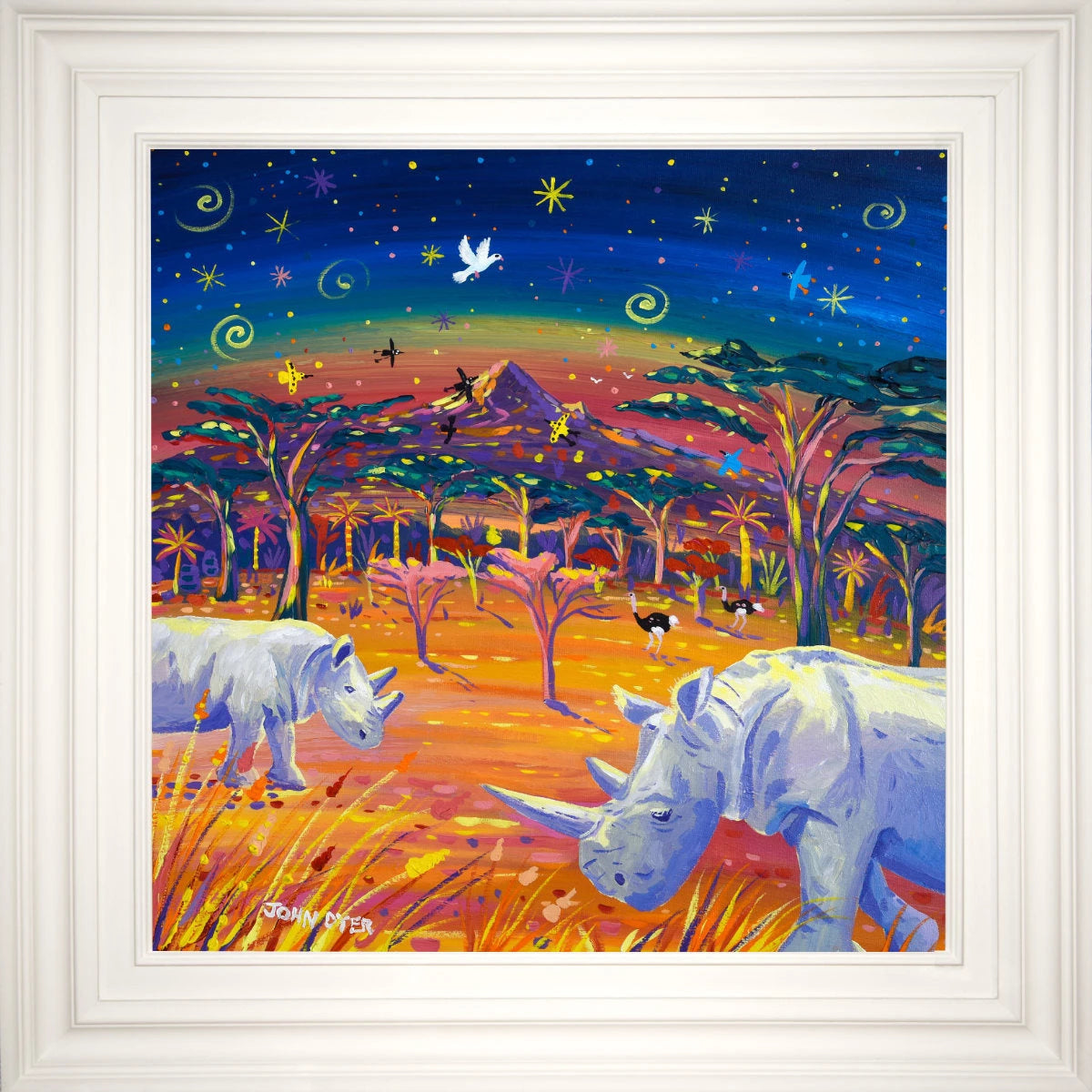'Rhinos in Paradise, Najin & Fatu, the Last Two Northern White Rhino', 24x24 inches acrylic on canvas. African Painting by British Artist John Dyer. John Dyer