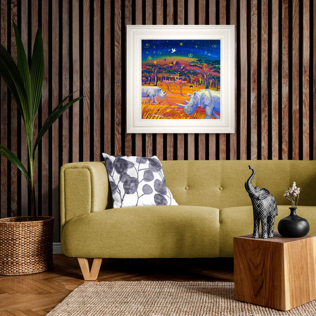 'Rhinos in Paradise, Najin & Fatu, the Last Two Northern White Rhino', 24x24 inches acrylic on canvas. African Painting by British Artist John Dyer. John Dyer