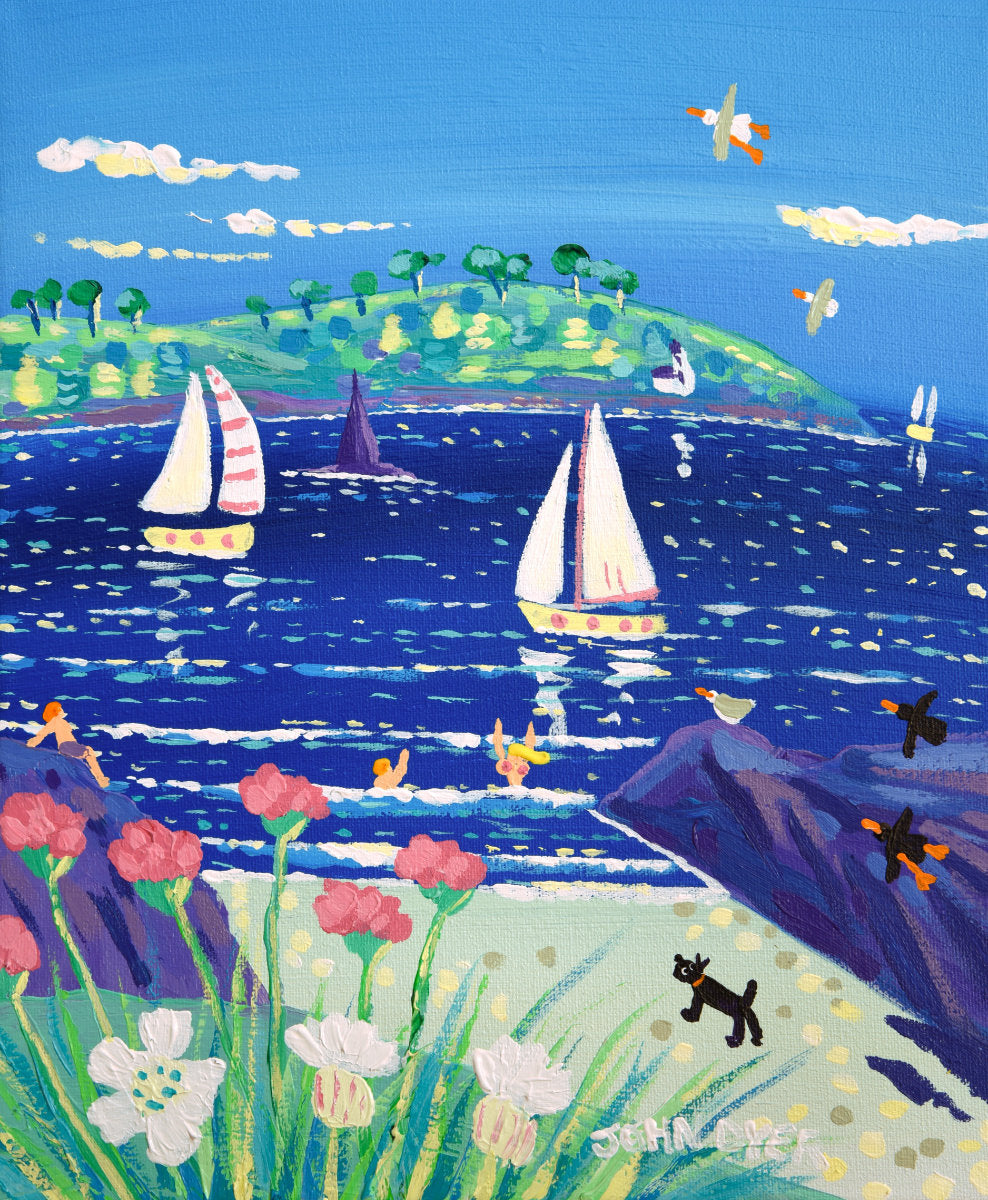 'Sailing Past Pendennis Headland, Falmouth', 12x10 inches acrylic on canvas. Coastal Painting of Cornwall. Cornish Artist John Dyer. Cornwall Art Gallery