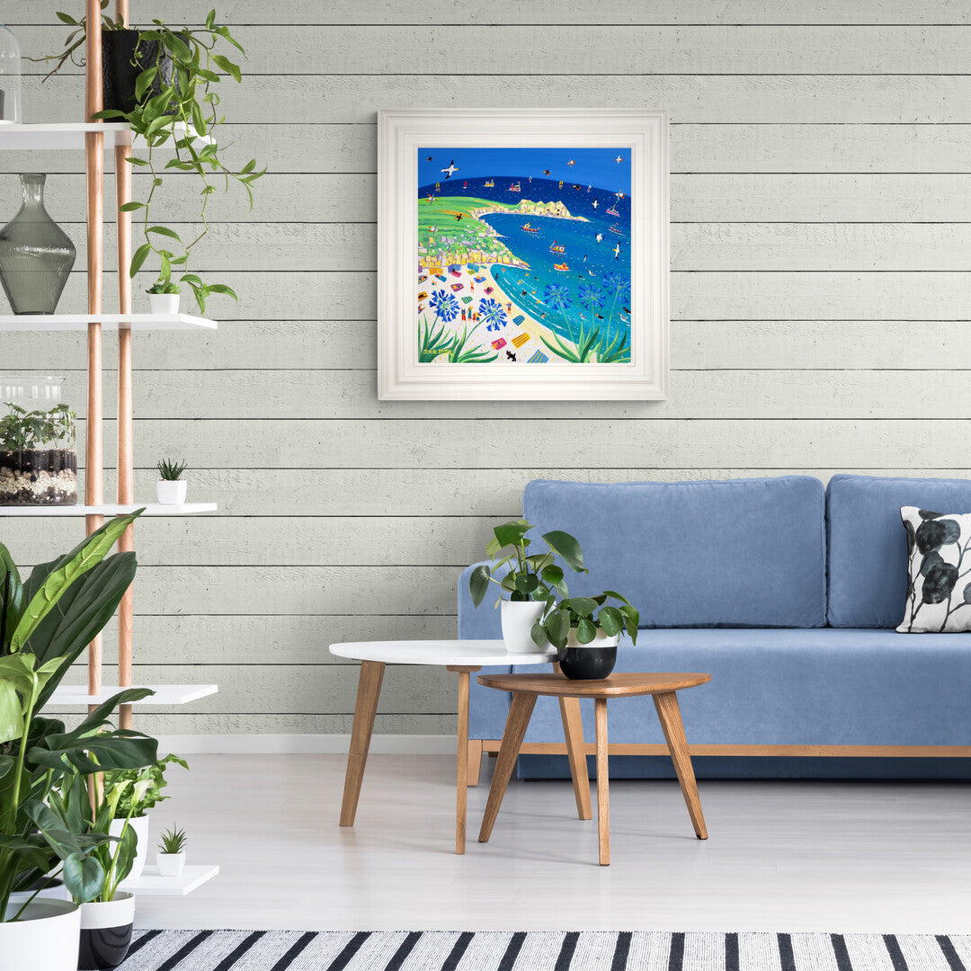 'A Day at the Beach, Porthcurno', 24x24 inches acrylic on canvas. Cornwall Painting by Cornish Artist John Dyer. Cornish Art from our Cornwall Art Gallery