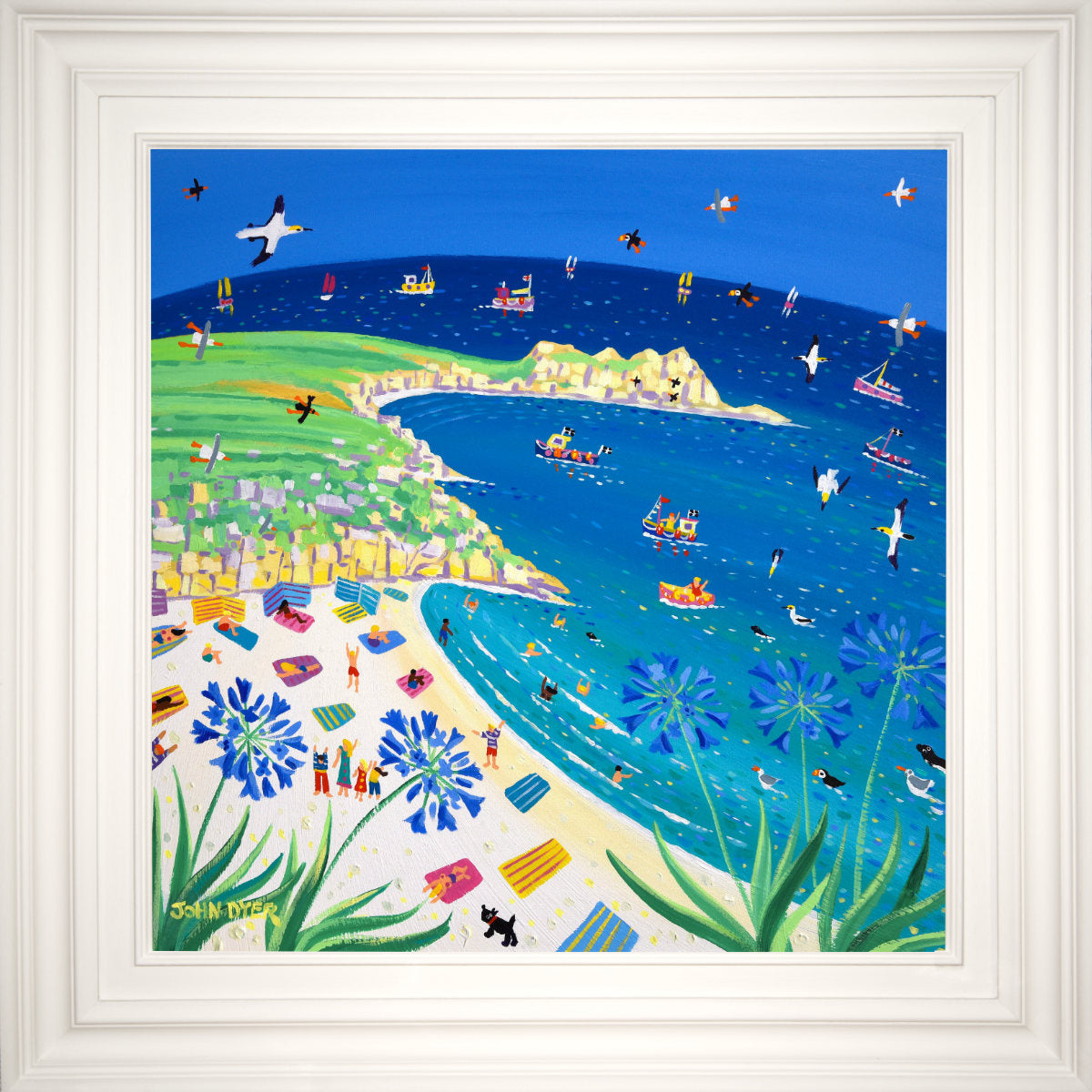 'A Day at the Beach, Porthcurno', 24x24 inches acrylic on canvas. Cornwall Painting by Cornish Artist John Dyer. Cornish Art from our Cornwall Art Gallery