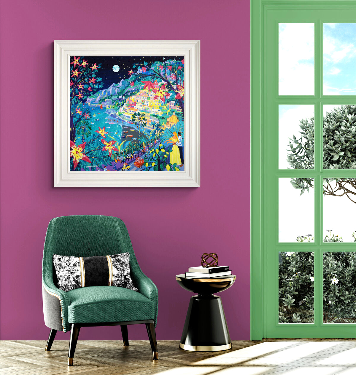 'Love under an Italian Full Moon, Positano, Italy', 30 x 30 inches acrylic on canvas. Italian, Amalfi Coast painting by Cornish Artist John Dyer