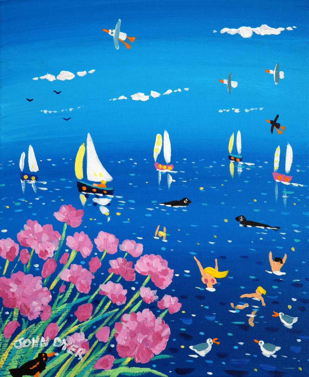 'Sailing Past the Sea Pinks and Swimmers', 12x10 inches acrylic on canvas. Paintings of Cornwall. Cornish Artist John Dyer. Cornwall Art Gallery John Dyer