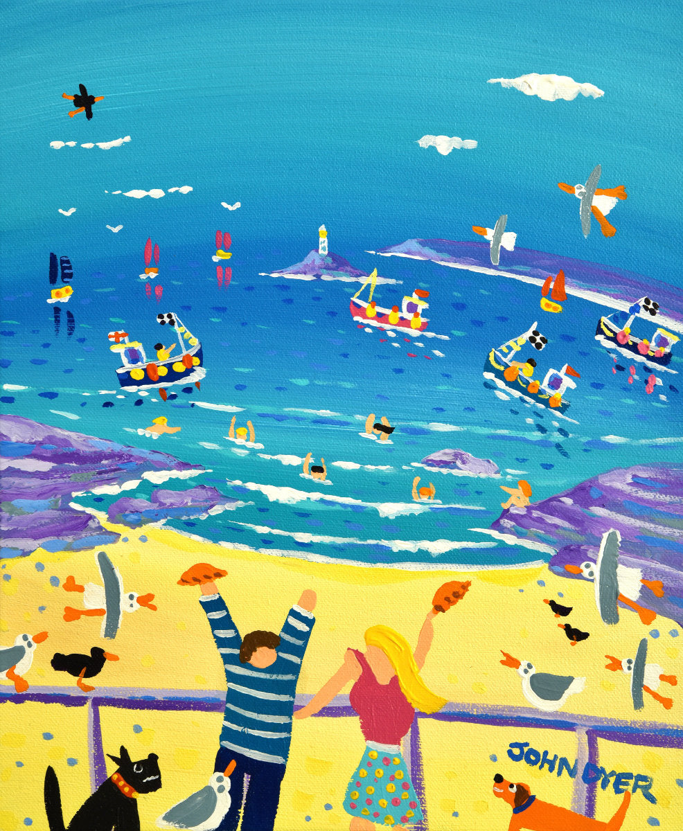'Pasties for Lunch, Porthgwidden Beach Café, St Ives', 12x10 inches acrylic on canvas. Paintings of Cornwall. Cornish Artist John Dyer. Cornwall Art Gallery John Dyer