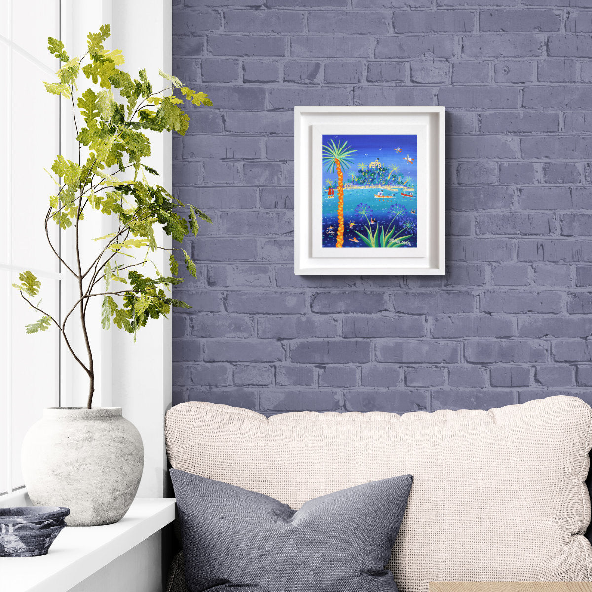 'Sea Bathers at St Michael’s Mount', 12x10 inches acrylic on canvas. Painting of Cornwall by Cornish Artist John Dyer