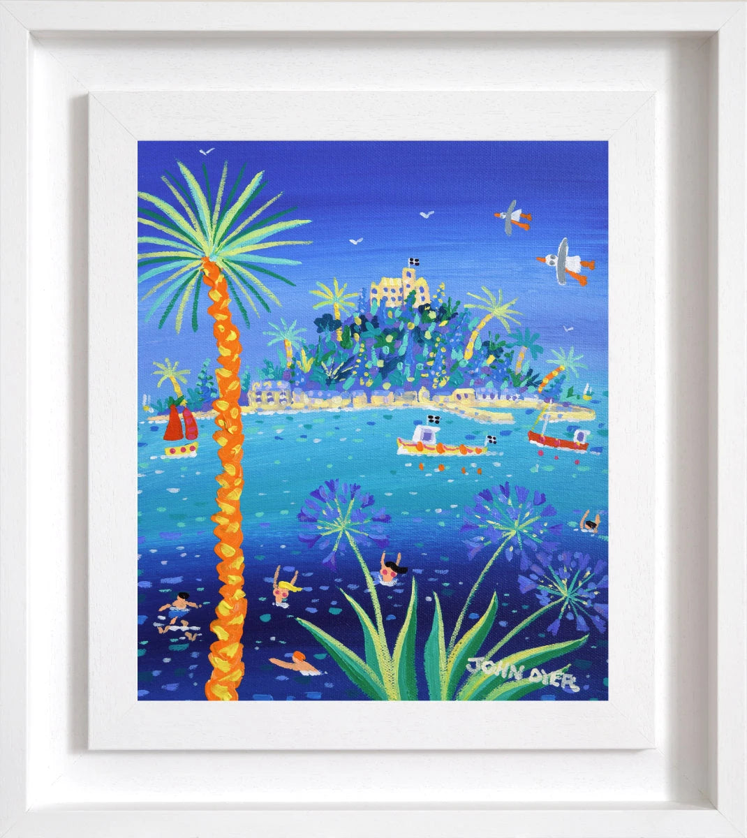 'Sea Bathers at St Michael’s Mount', 12x10 inches acrylic on canvas. Painting of Cornwall by Cornish Artist John Dyer John Dyer