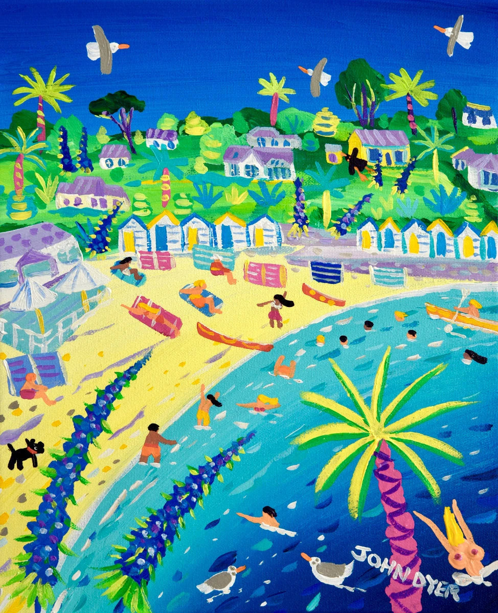 'Tropical Colours, Swanpool Beach', 12x10 inches acrylic on canvas. Paintings of Cornwall. Cornish Artist John Dyer. Cornwall Art Gallery John Dyer
