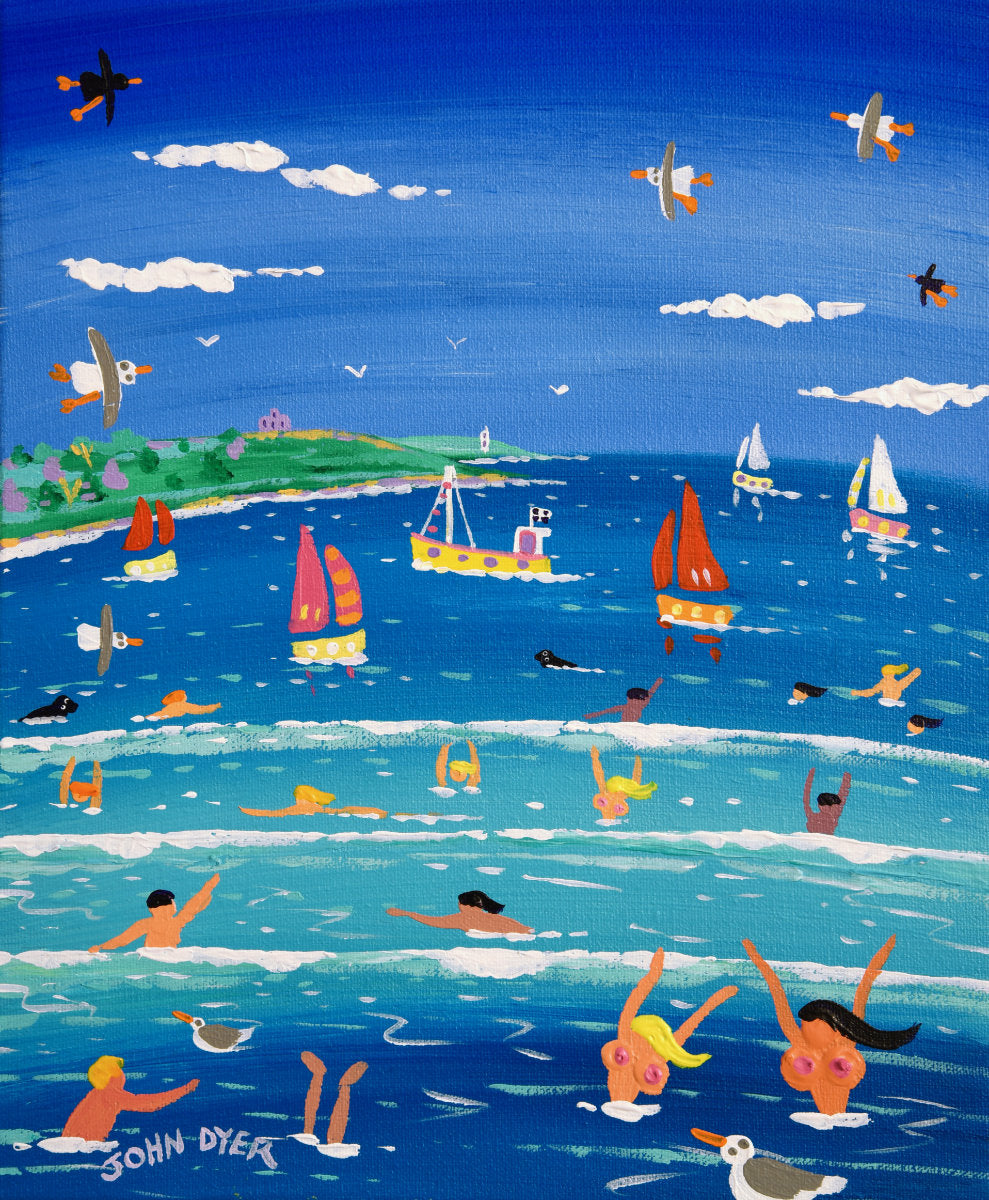 'Hot Summer Swim, Castle Beach, Falmouth', 12x10 inches acrylic on canvas. Paintings of Cornwall. Cornish Artist John Dyer. Cornwall Art Gallery