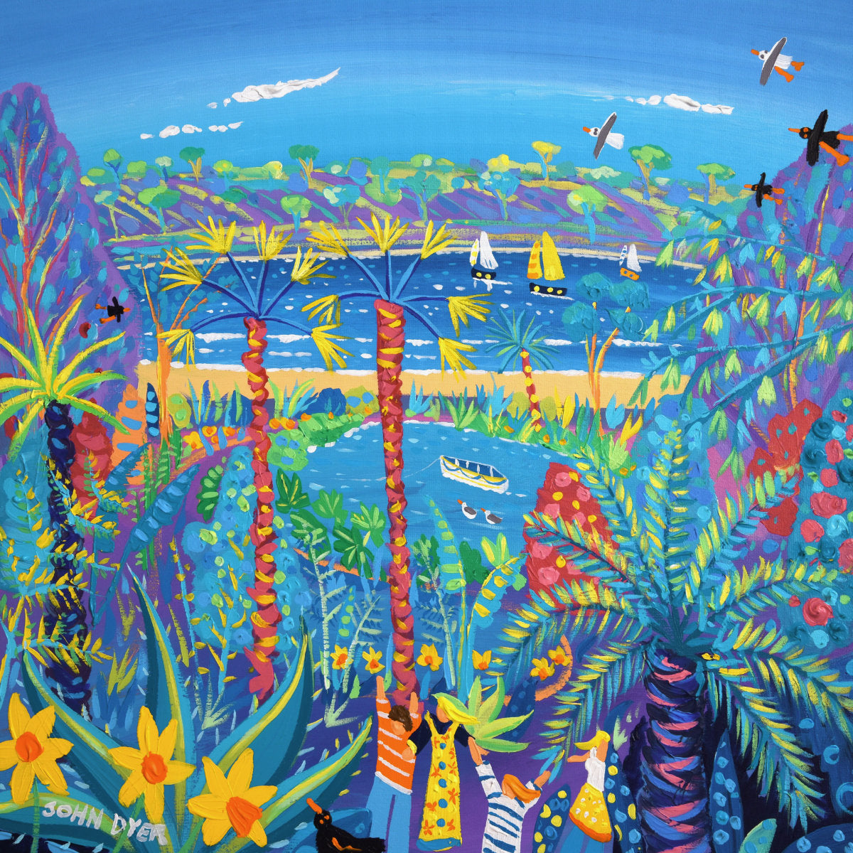 'Tropical Adventure at Trebah Garden', 24x24 inches acrylic on canvas. Cornwall Painting by Cornish Artist John Dyer. Cornish Art from our Cornwall Art Gallery
