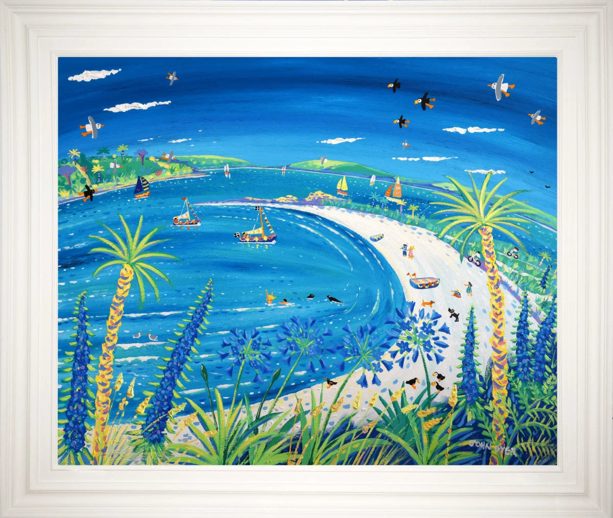 'Puffins in Paradise, Pentle Bay, Tresco'. 33x40 inches original art acrylic on board. Paintings of Cornwall by Cornish Artist John Dyer. Cornwall Art Gallery John Dyer