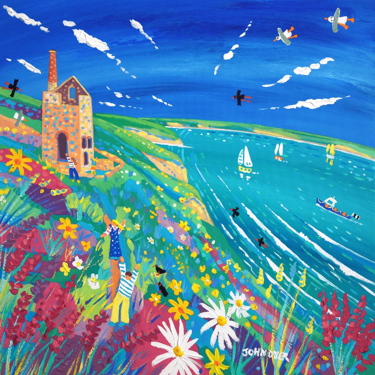 'Colourful Clifftop at Wheal Coates, St Agnes', 24x24 inches acrylic on canvas. Cornwall Painting by Cornish Artist John Dyer. Cornish Tin Mine Art from our Cornwall Art Gallery John Dyer