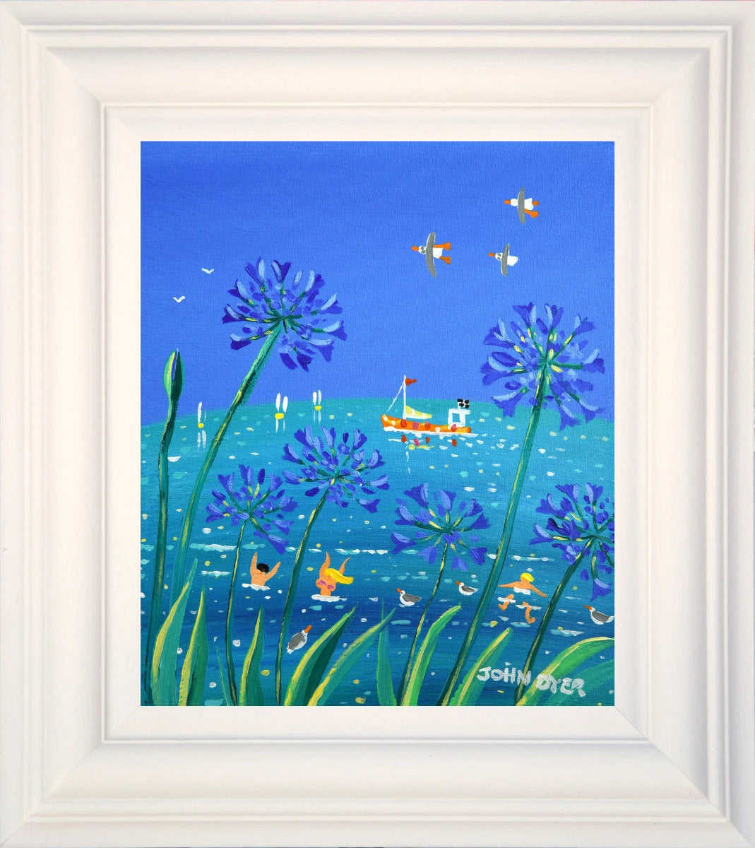 'Peaking through the Agapanthus', 10x12 inches acrylic on canvas. Coastal Painting of Cornwall. Cornish Artist John Dyer. Cornwall Art Gallery John Dyer