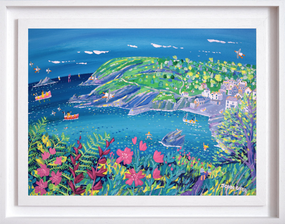 'Swimming on the High Tide, Portloe', 24x18 inches acrylic on canvas. Coastal Painting of Cornwall by Cornish Artist John Dyer