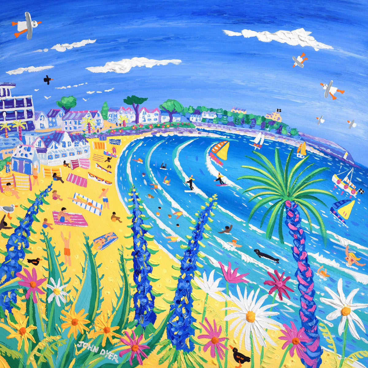 Limited Edition Print by Cornish Artist John Dyer. 'Tropical Days at Gyllyngvase Beach, Falmouth'. Cornwall Art Gallery Print