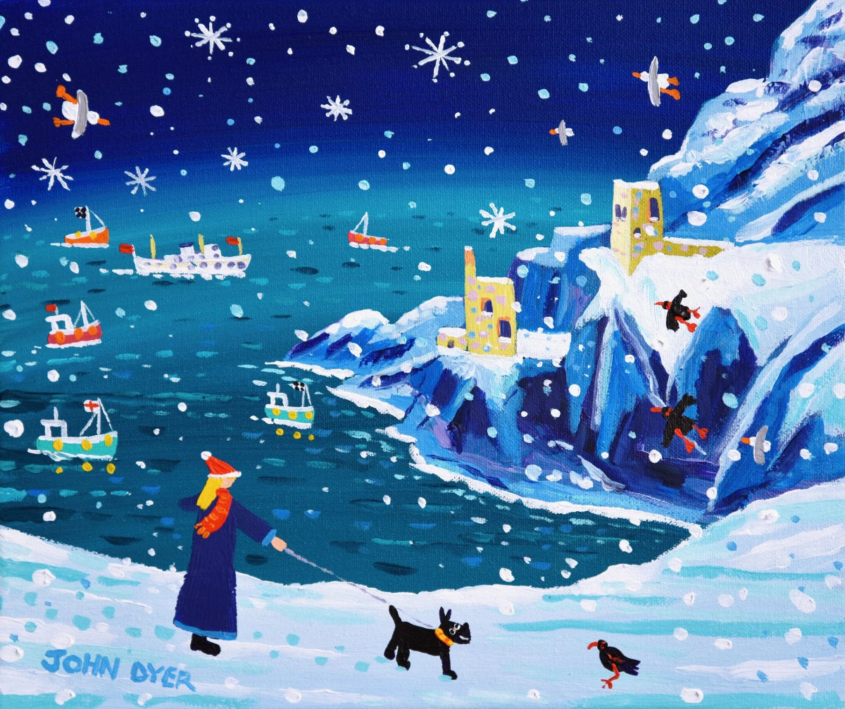 'Snowy Encounter at Botallack', 10x12 inches acrylic on canvas. Coastal Painting of Cornwall. Cornish Artist John Dyer. Cornwall Art Gallery John Dyer