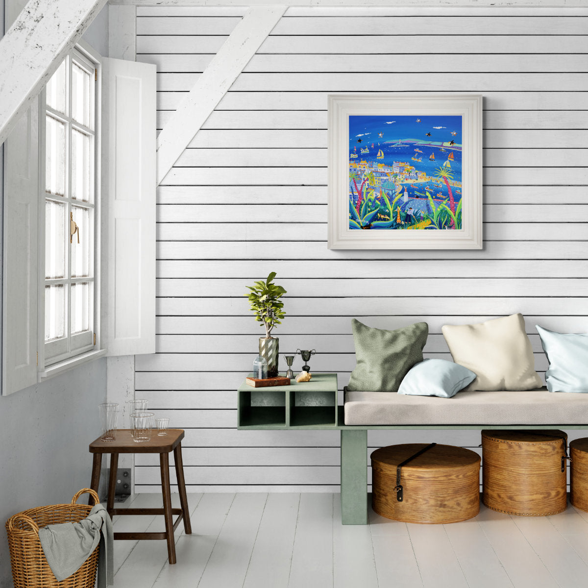 'Enjoying the Garden, Barnoon terrace, St Ives', 24x24 inches acrylic on canvas. Cornwall Painting by Cornish Artist John Dyer. Cornish Art from our Cornwall Art Gallery