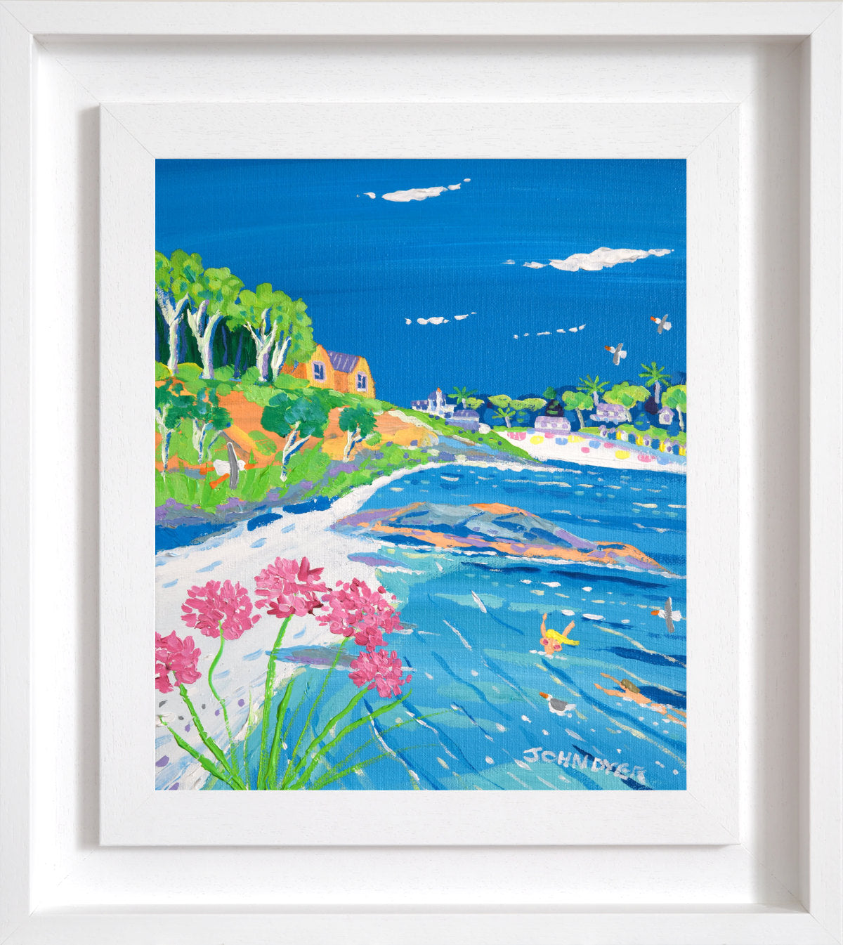 'Sunny Corner Swimmers, Swanpool, Falmouth', 12x10 inches acrylic on canvas. Painting of Cornwall by Cornish Artist John Dyer