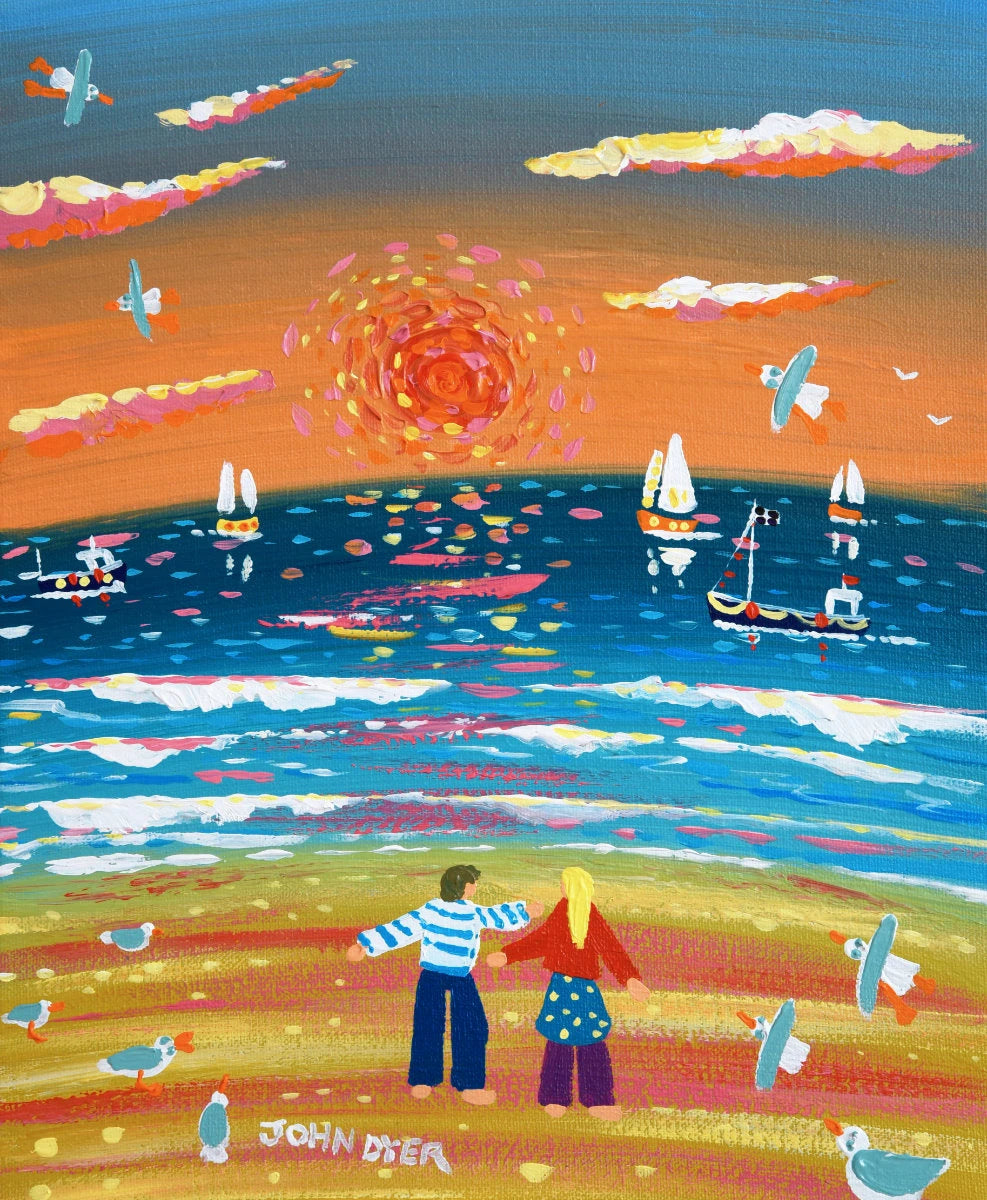 'Watching the Sunset', 10x12 inches acrylic on canvas. Coastal Painting of Cornwall. Cornish Artist John Dyer. Cornwall Art Gallery John Dyer