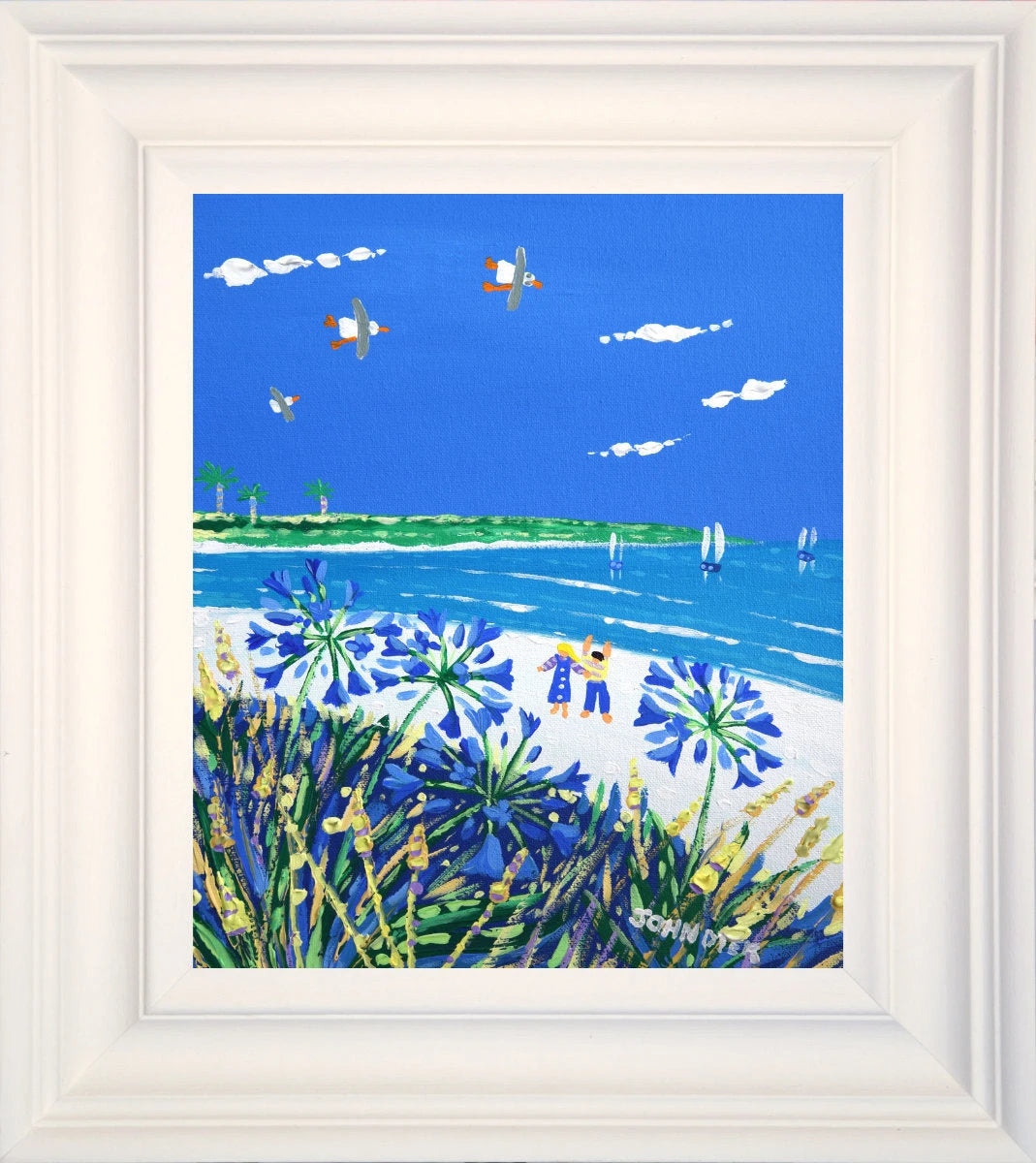 'Summer Agapanthus, Tresco', 10x12 inches acrylic on canvas. Coastal Painting of Cornwall. Cornish Artist John Dyer. Cornwall Art Gallery', 10x12 inches acrylic on canvas. Coastal Painting of Cornwall. Cornish Artist John Dyer. Cornwall Art Gallery John Dyer