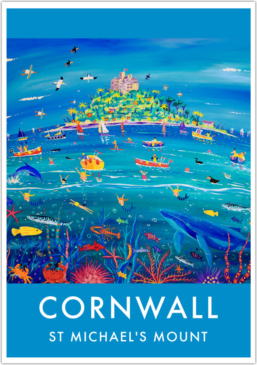 Vintage Style Coastal Seaside Travel Poster Art Prints by Cornish Artist John Dyer. Underwater Wonders, St Michael's Mount Whale, Cornwall