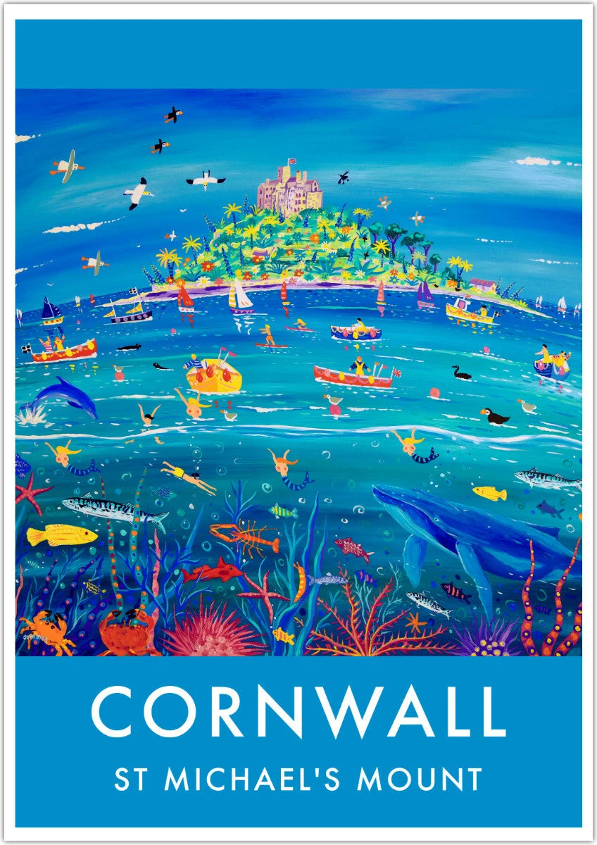 Vintage Style Coastal Seaside Travel Poster Art Prints by John Dyer. Underwater Wonders, St Michael's Mount Whale, Cornwall. Animal Art Prints John Dyer