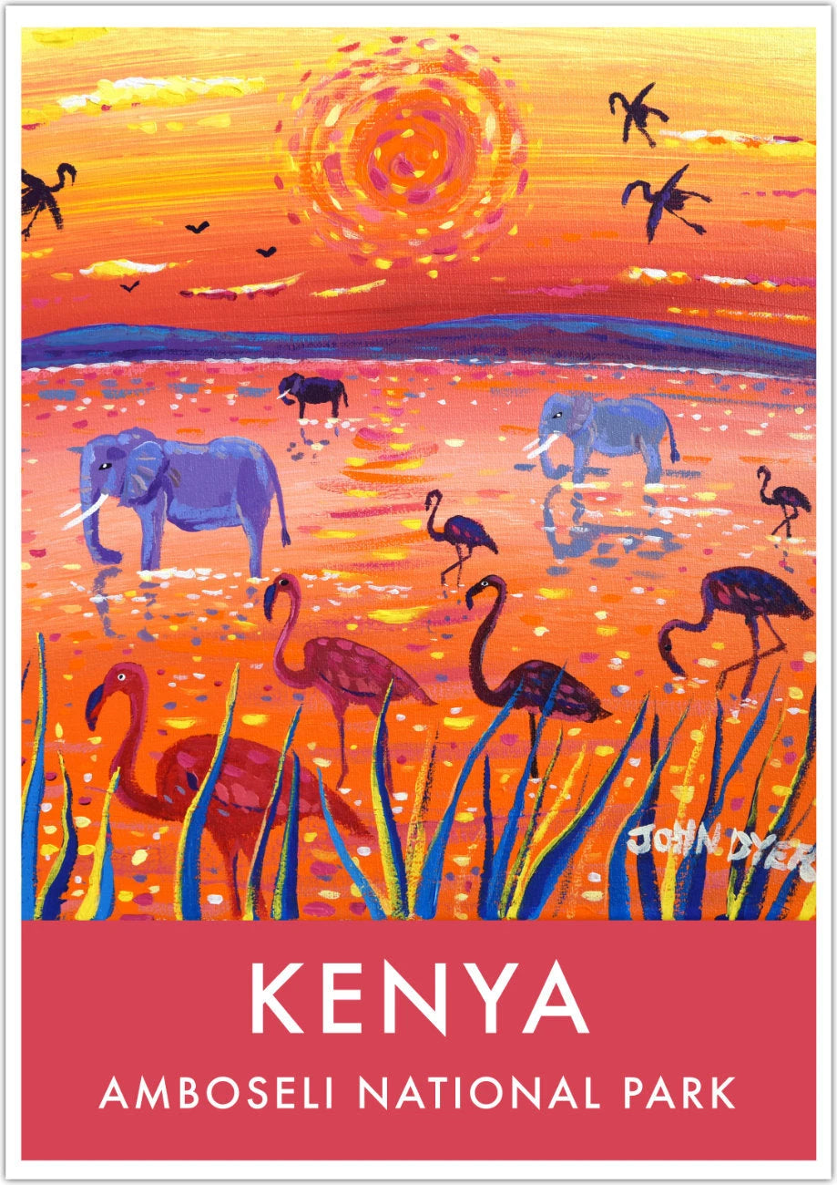 African Art Wall Art Poster Print by John Dyer. Sunset Amboseli Lagoon with Flamingos and Elephants, Kenya. Animal Art Prints John Dyer