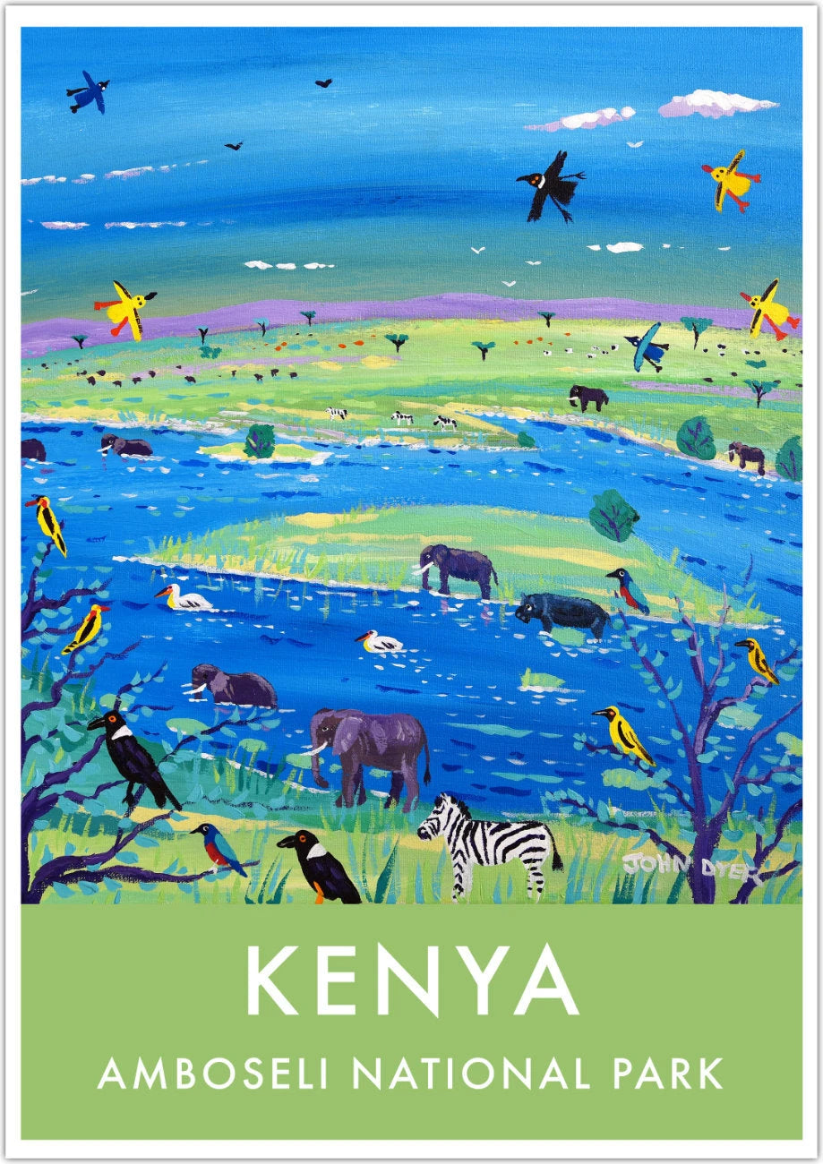 African Art Wall Art Poster Print by John Dyer. Savannah Wildlife Safari Elephants, Kenya. Animal Art Prints John Dyer
