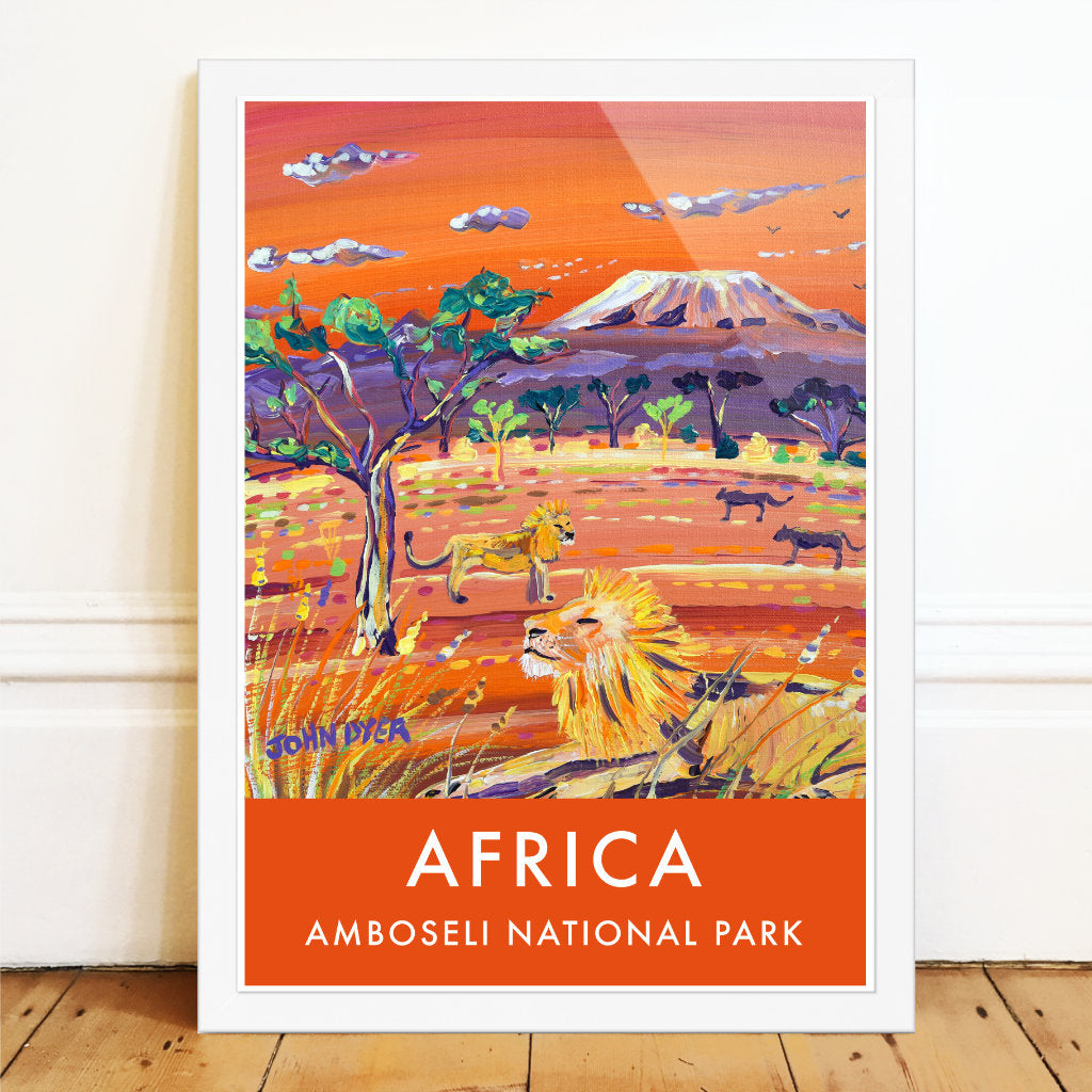 Africa Art, Vintage Style African Poster Art Print by John Dyer. African Lion, Amboseli, Kenya