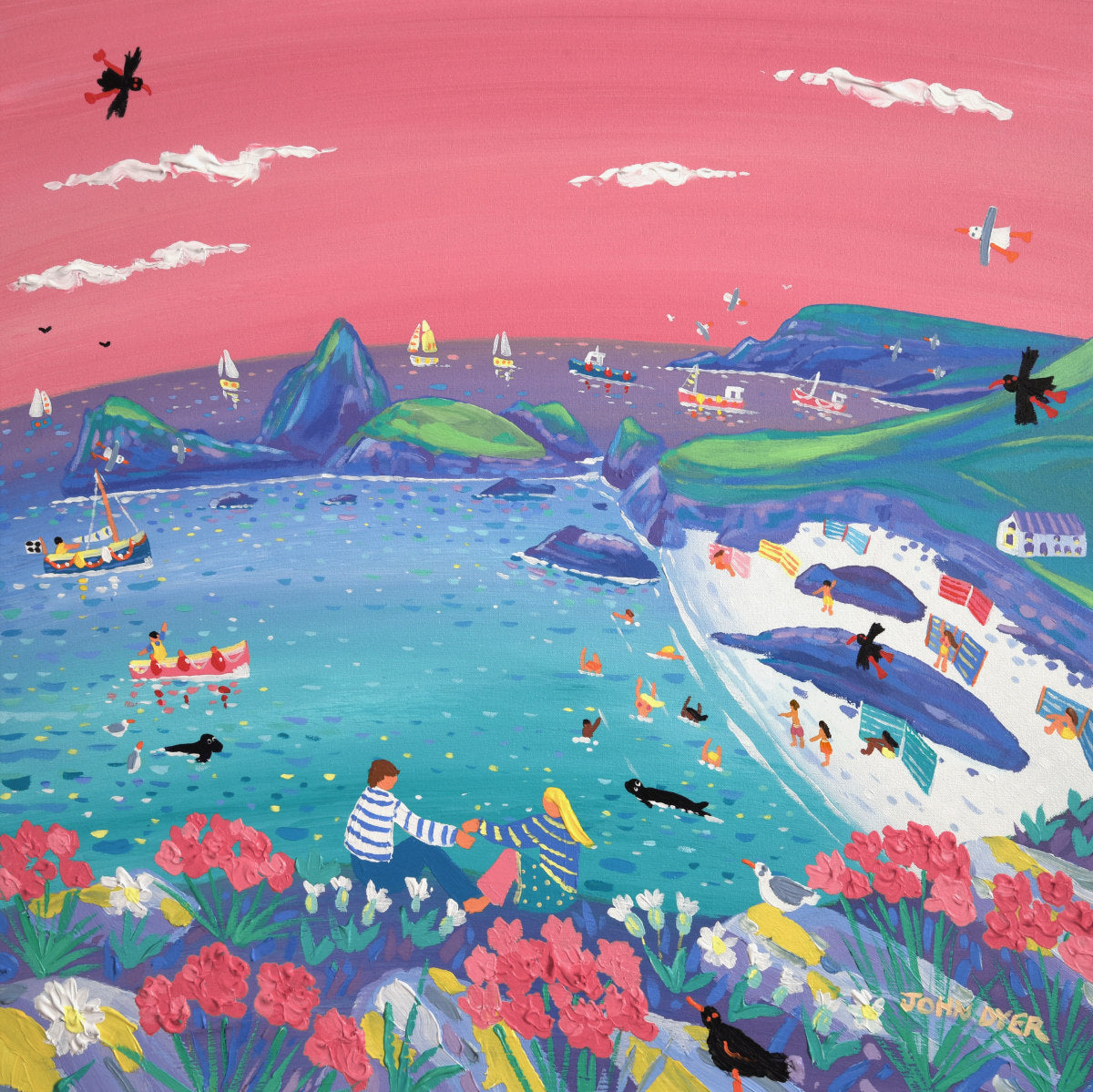 'Magical Sunset Moment, Kynance Cove', 24x24 inches acrylic on canvas. Cornwall Painting by Cornish Artist John Dyer. Cornish Art from our Cornwall Art Gallery