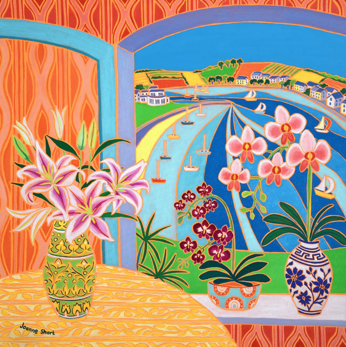 'Lilies and Orchids, Green Bank, Falmouth’. 24x24 inches Still Life oil on canvas. Garden Painting of Cornwall by Cornish Artist Joanne Short from our Cornwall Art Gallery