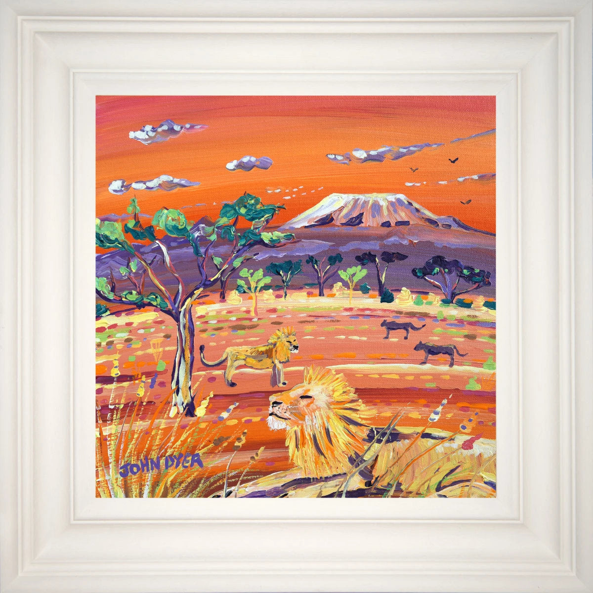 'African Sunset Lions, Kenya', 12x12 inches acrylic on canvas. Paintings of Africa by British Artist John Dyer. John Dyer