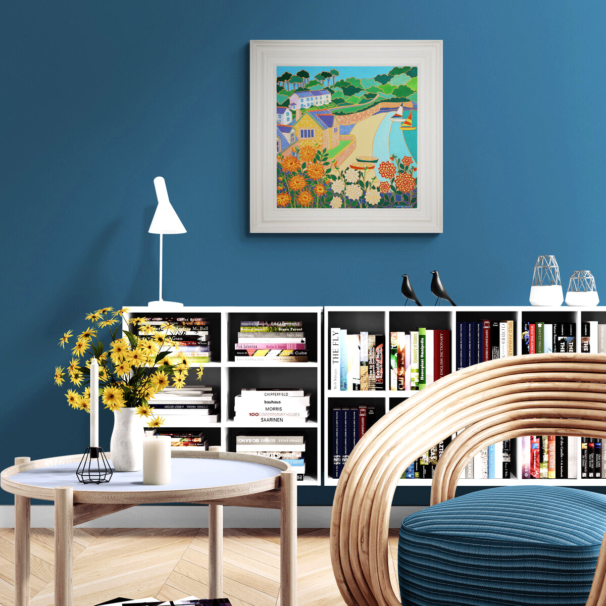 'Dahlias and Dinghies, Durgan’. 24x24 inches oil on canvas. Painting of Cornwall by Cornish Artist Joanne Short