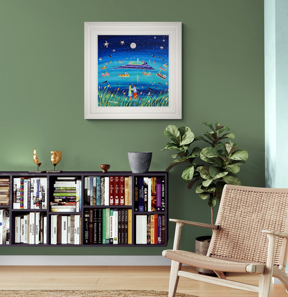 'Under the Light of the Silvery Moon, Godrevy', 24x24 inches acrylic on canvas. Cornwall Painting by Cornish Artist John Dyer