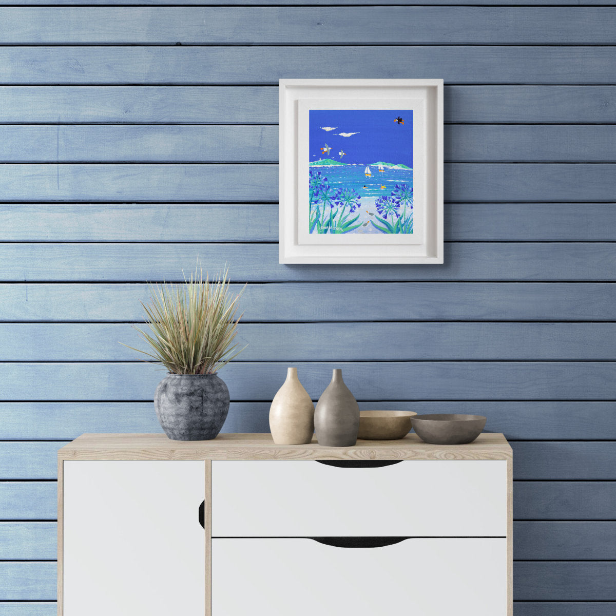 'Agapanthus on the Beach, Tresco, Isles of Scilly', 12x10 inches acrylic on canvas. Painting of Cornwall by Cornish Artist John Dyer