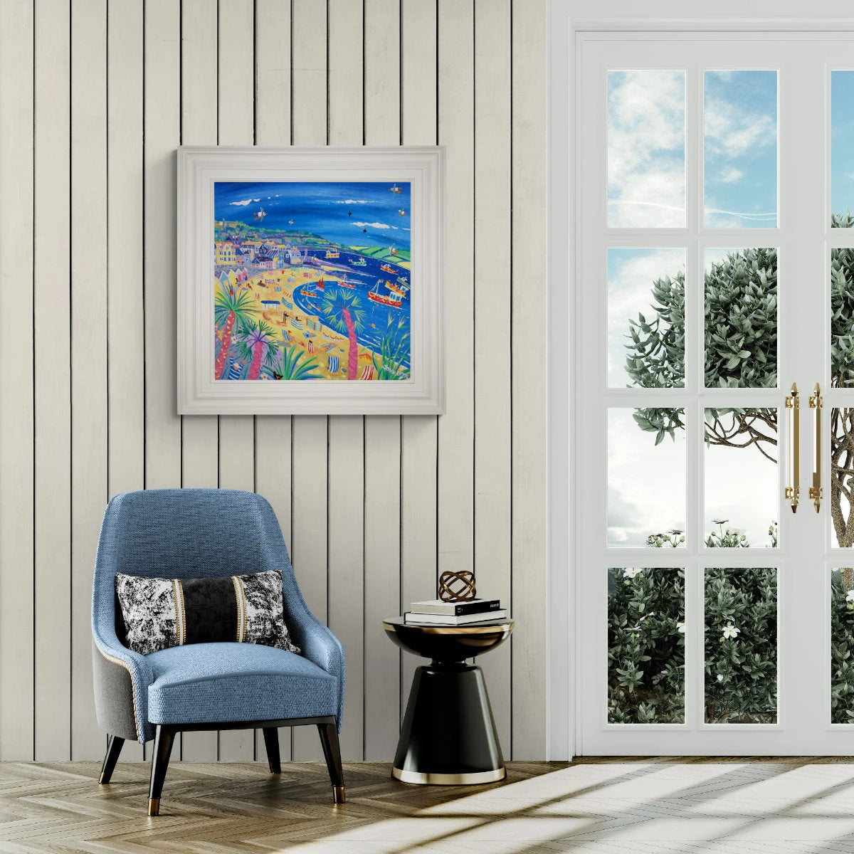'Beach Huts and Boats, Lyme Regis', 24x24 inches acrylic on canvas. Dorset Painting by British Artist John Dyer. John Dyer