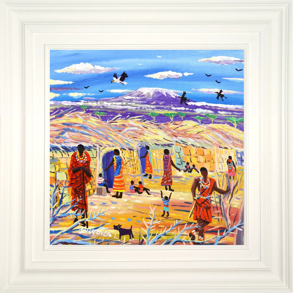 'A Day with the Maasai, Cultural Boma, Amboseli', 18x18 inches acrylic on canvas. African Painting by British Artist John Dyer. John Dyer