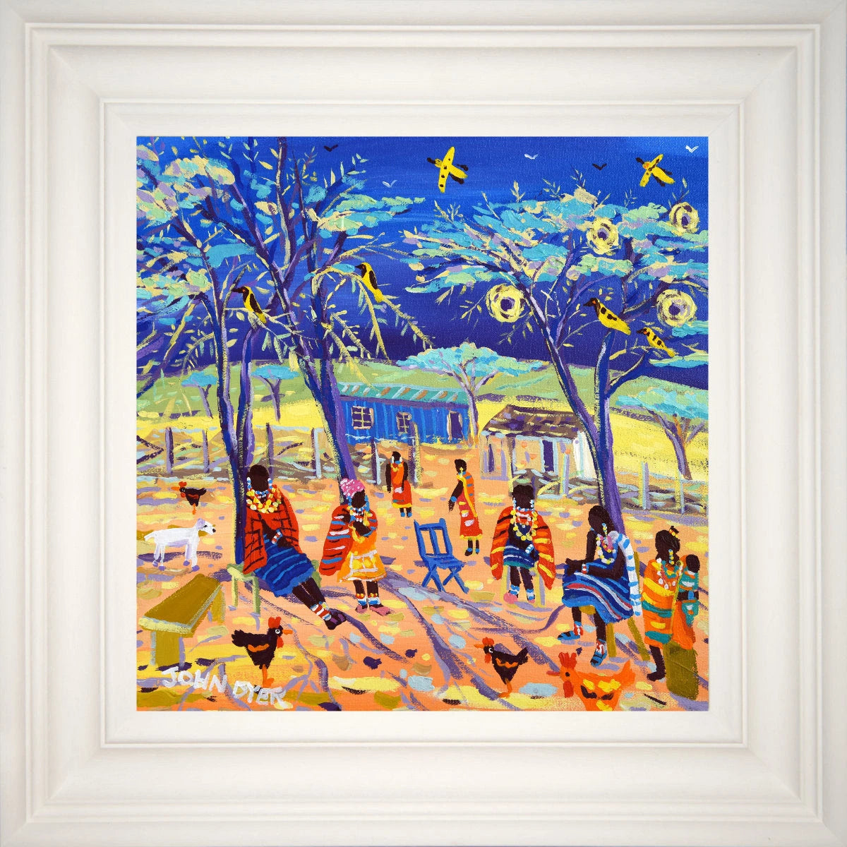 'Chatting under the Acacia Trees, African Maasai Boma, Kenya', 12x12 inches acrylic on canvas. Paintings of Africa by British Artist John Dyer. John Dyer