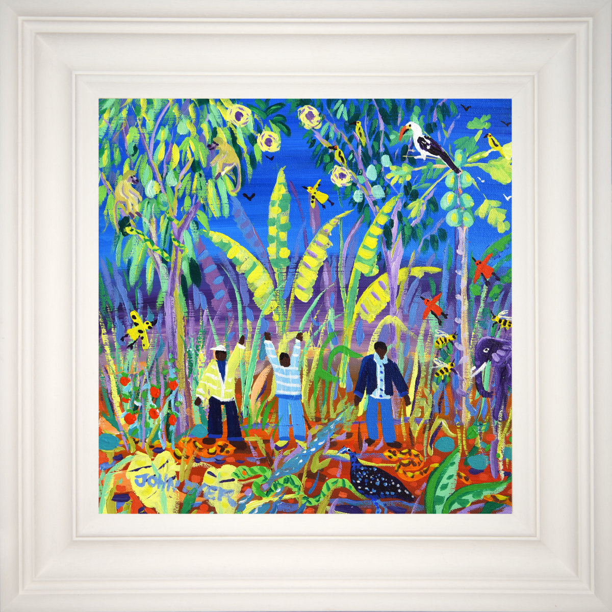 'Harvesting in Harmony with Wildlife, Meru, Kenya', 12x12 inches acrylic on canvas. Paintings of Africa by British Artist John Dyer.