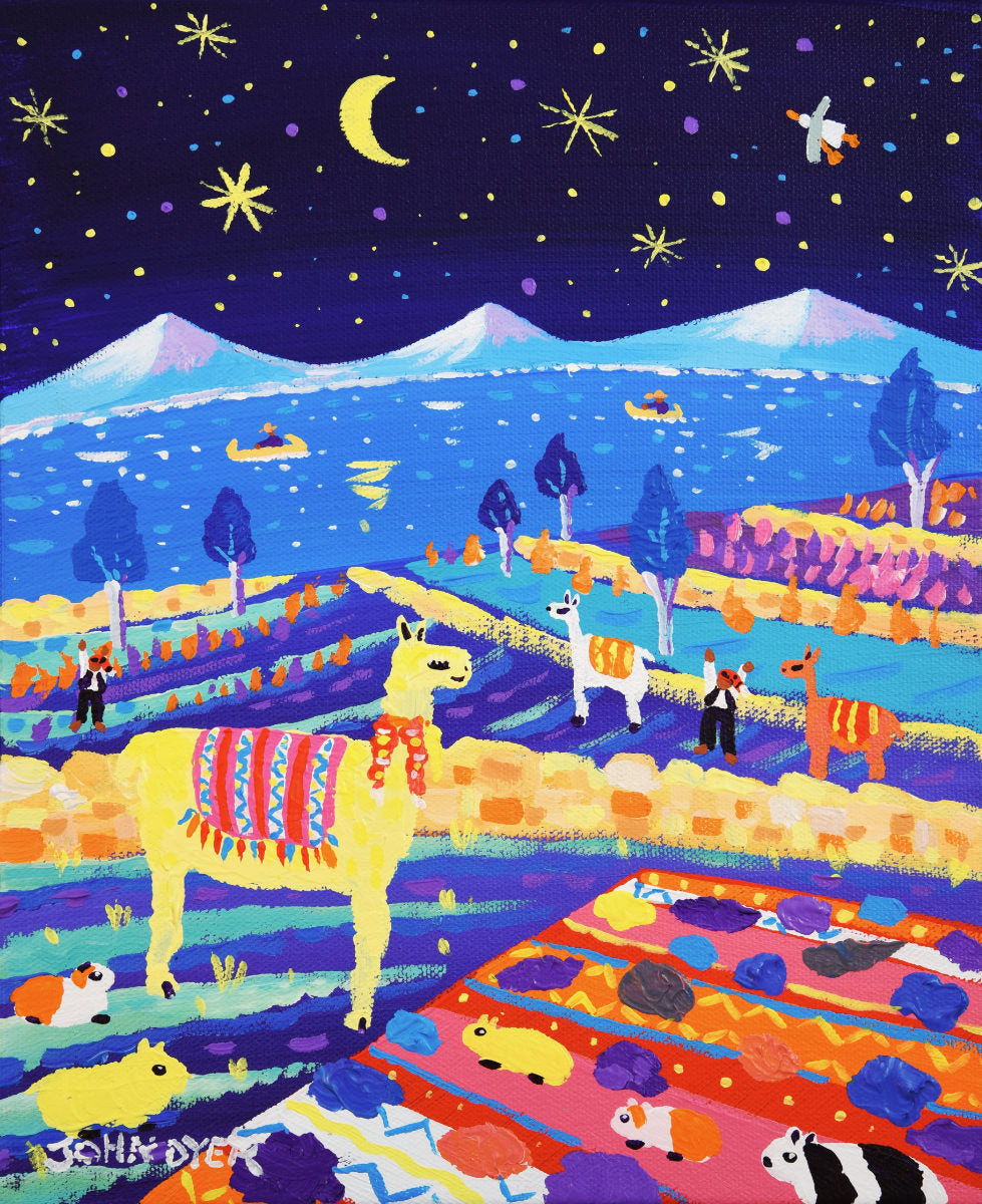 'Moonlit Llamas and Guinea Pigs at the Potato Harvest, Peru’, 12x10 inches acrylic on canvas. Painting of Peru by British Artist John Dyer John Dyer