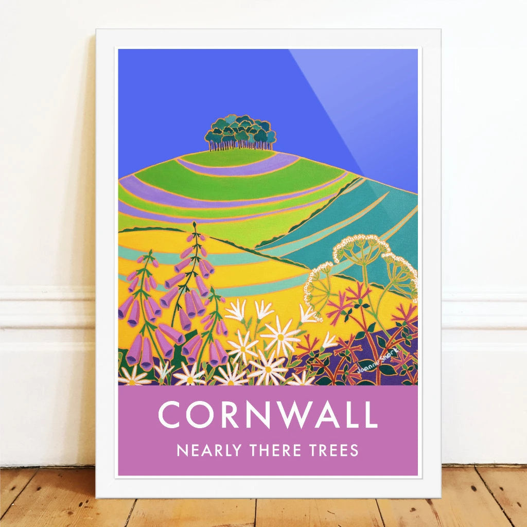 Vintage Style Travel Art Poster Print of the Nearly There Trees, Nearly Home Trees at Cookworthy Knapp Devon - Cornwall by Cornish Artist Joanne Short