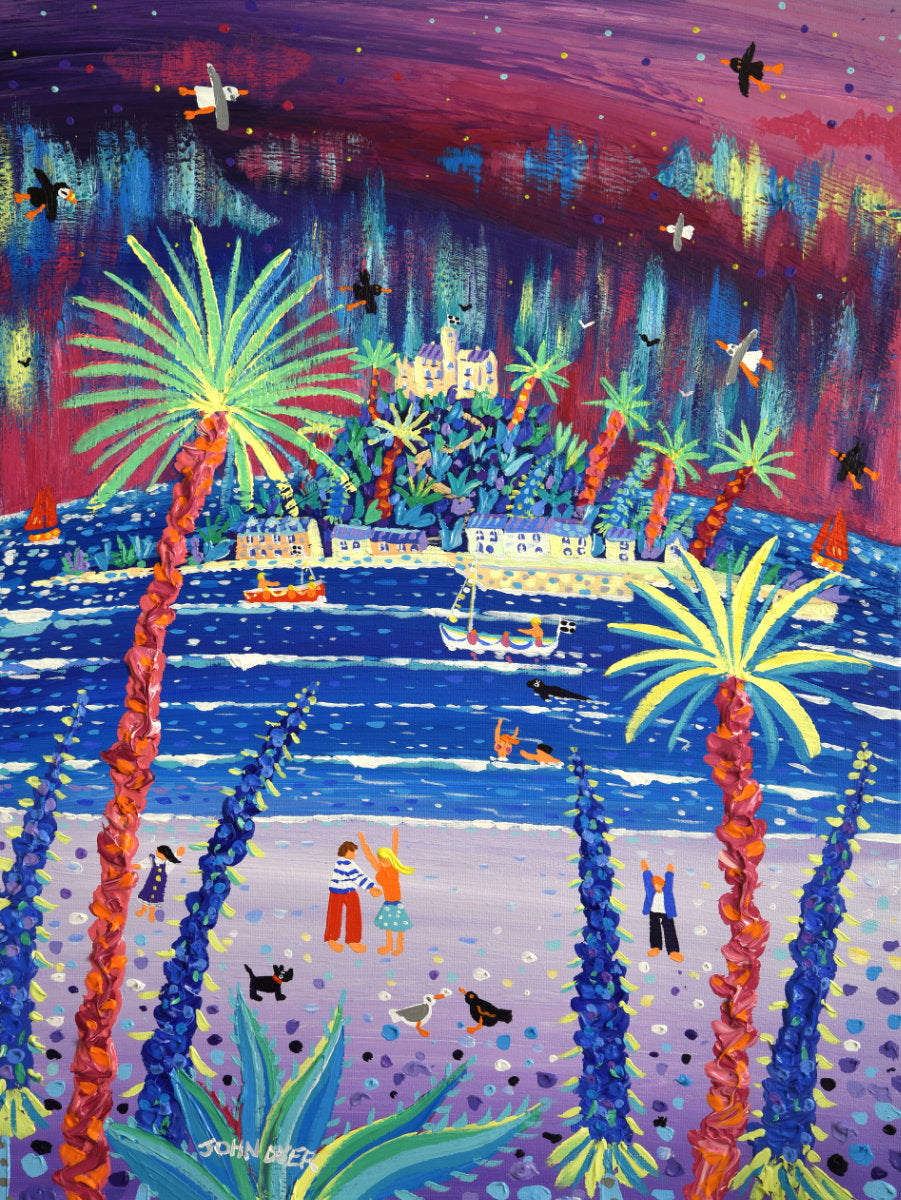 'Magical Cornish Aurora, St Michael’s Mount', 24x18 inches acrylic on canvas. Cornish Northern Lights Painting by British Artist John Dyer