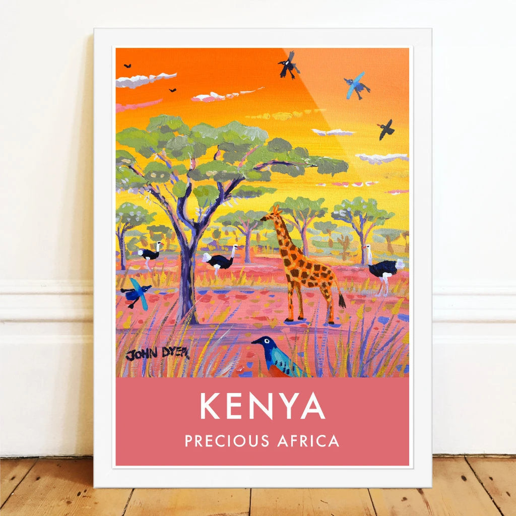 African Art Wall Art Poster Print by John Dyer. Giraffe with Ostrich and Acacia Tree, Kenya. Animal Art Prints John Dyer