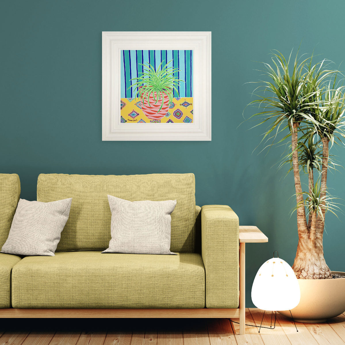 'Spider Plant on a Patterned Cloth',
18x18 inches oil on canvas. Painting by Cornish Artist Joanne Short. Contemporary room with plants.