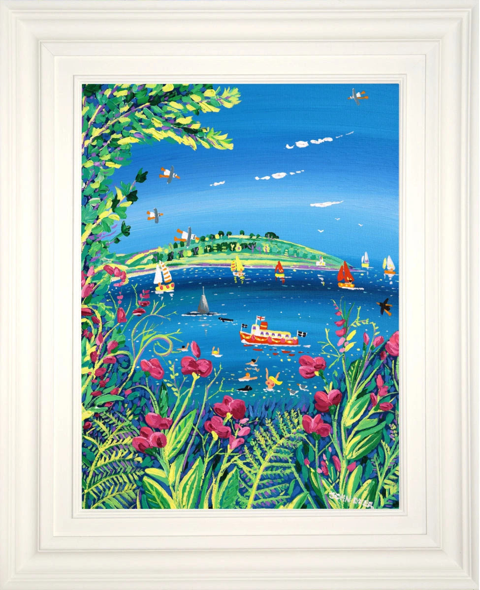 'Sweet Peas and Sailboats, Pendennis Headland, Falmouth', 24x18 inches acrylic on canvas. Coastal Painting of Cornwall by Cornish Artist John Dyer. John Dyer