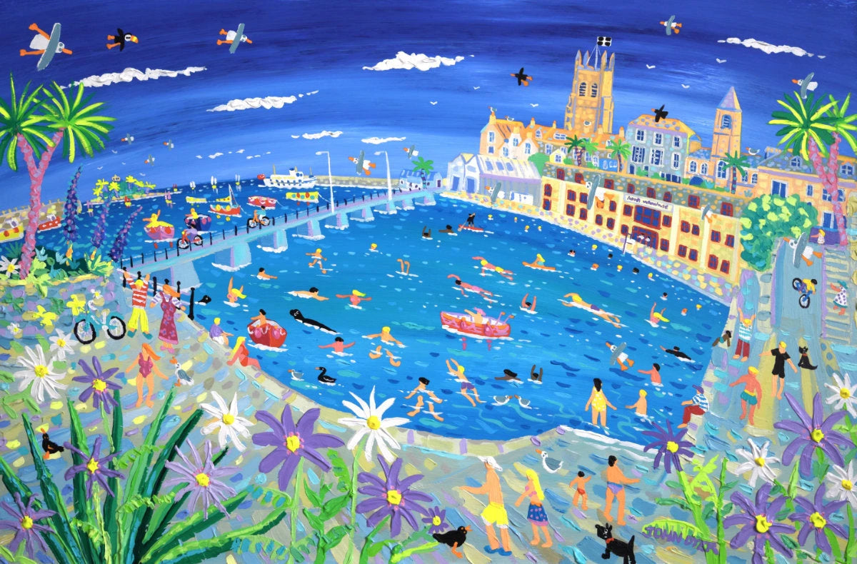'Summer Swimmers, Penzance', 24x36 inches acrylic on board. Cornwall Art Gallery Painting by Cornish Artist John Dyer John Dyer