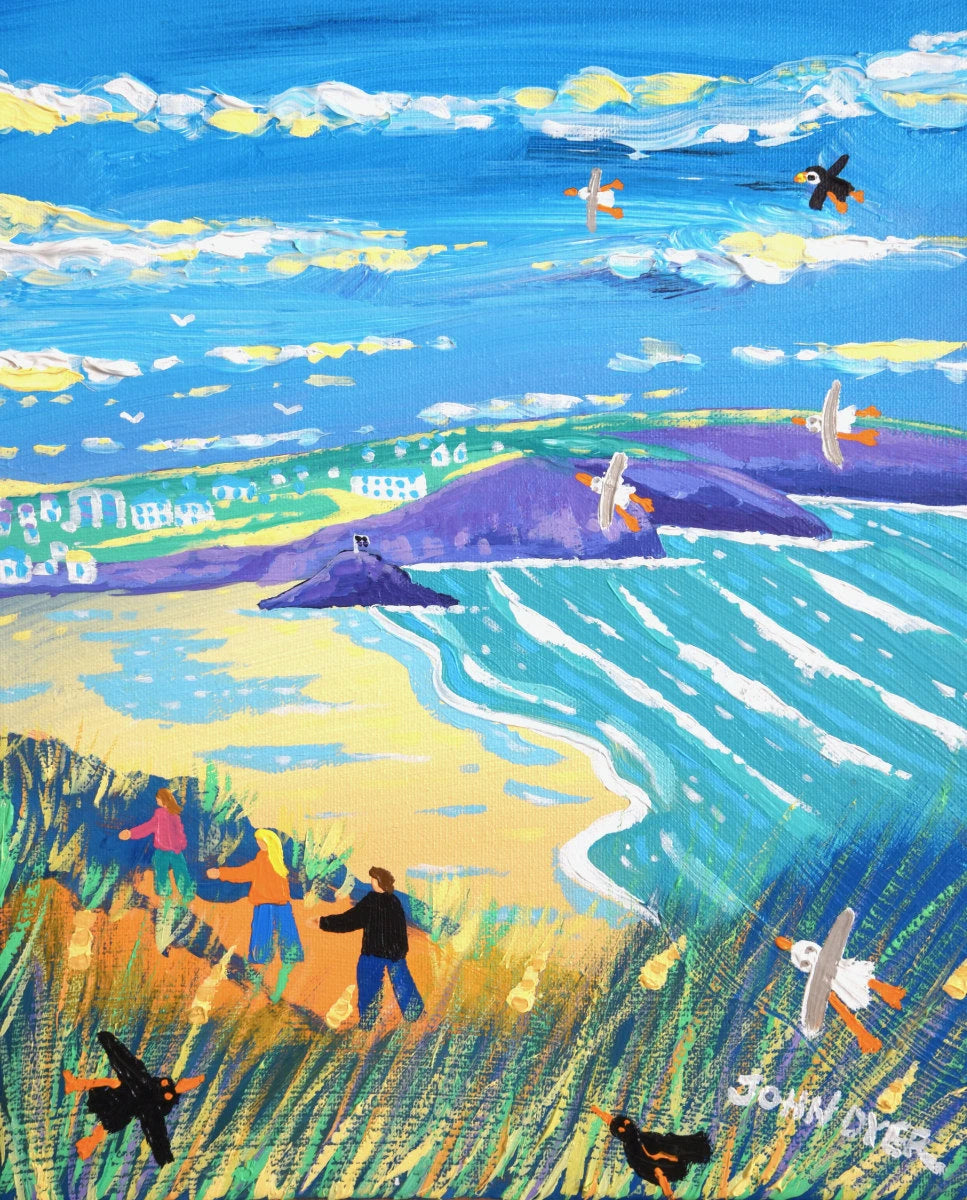 'Walking to Perranporth Beach', 12x10 inches acrylic on canvas. Coastal Painting of Cornwall. Cornish Artist John Dyer. Cornwall Art Gallery John Dyer