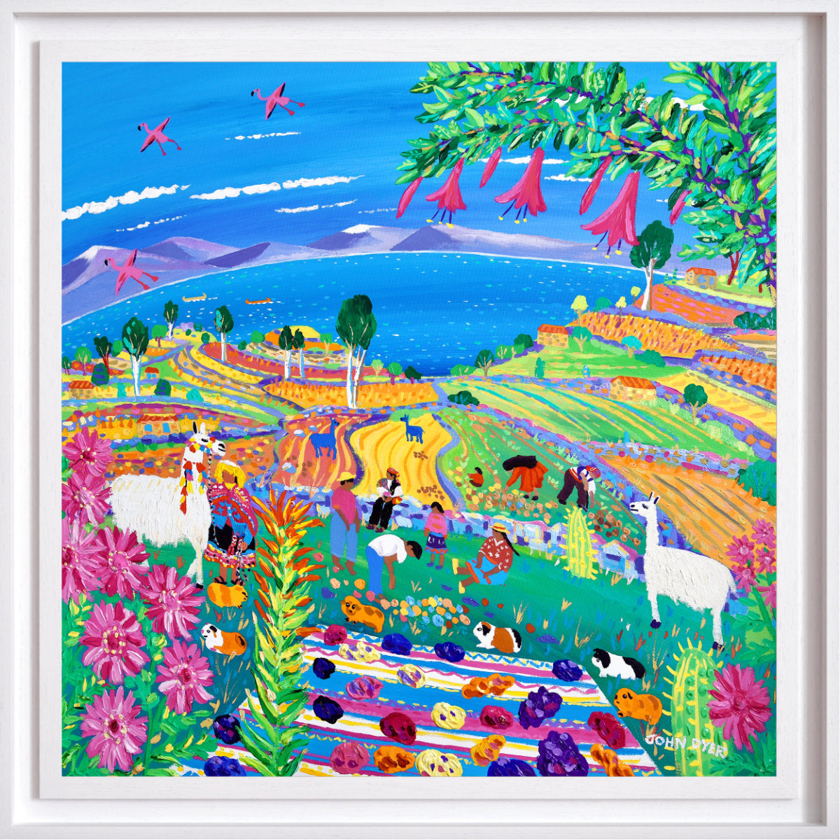 Colorful landscape with animals, flowers, and people in a garden setting. 'Colourful Potato Fiesta on Taquile Island, Peru'. 35.5 x 35.5 inches acrylic on canvas. Painting of Peru by John Dyer
